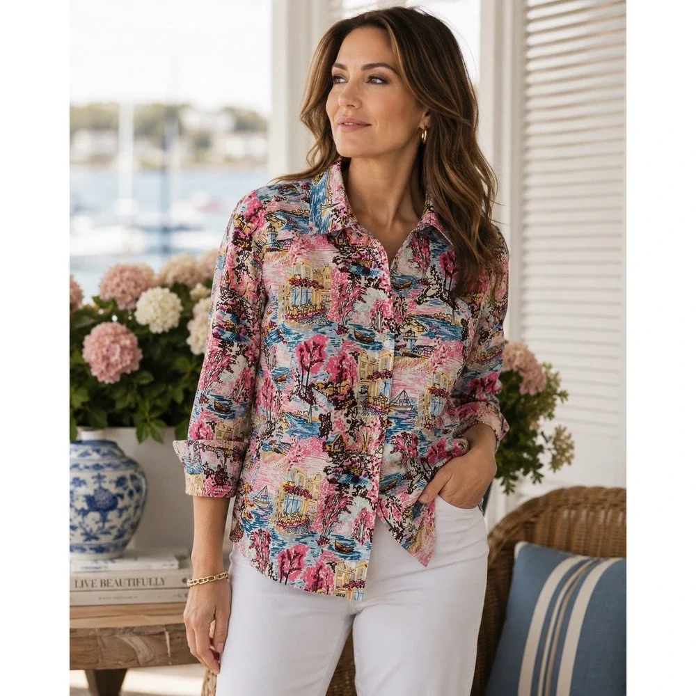 Talbots Womens Petite S Shirt NWOT Scenic Coastal Print Cotton Button Down Pink